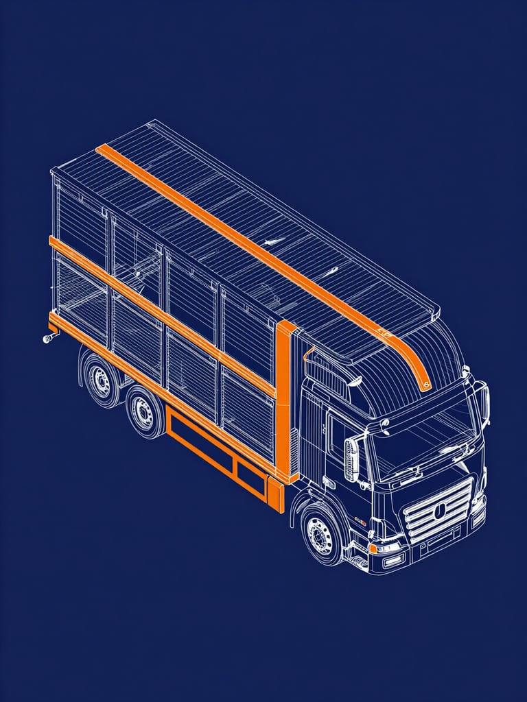 Isometric blueprint diagram of a multi-car transport carrier, sharp vector lines, safety-orange accents on deep navy background.