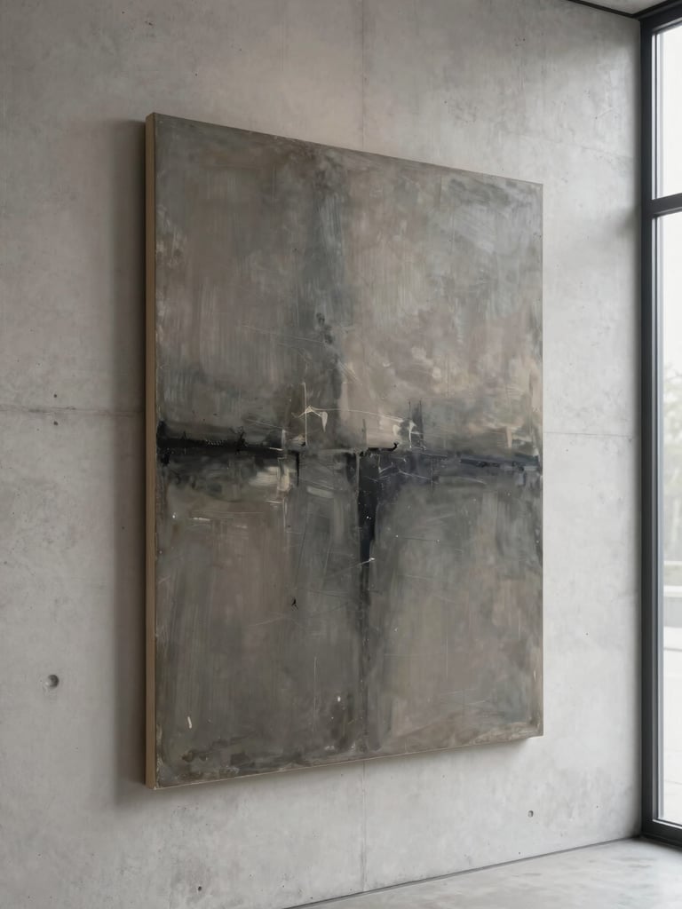 A straight-on, eye-level photograph of a large abstract canvas hanging on a raw concrete gallery wall, soft diffused side-lit window daylight, neutral charcoal tones.