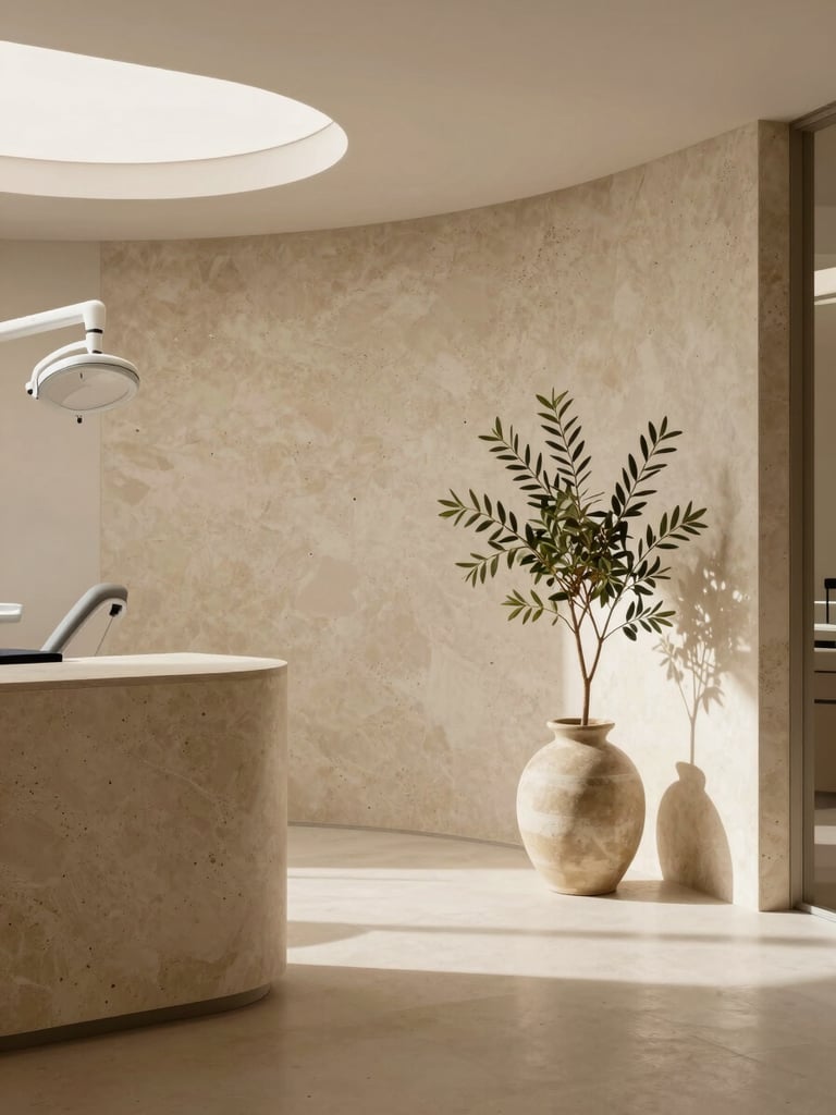 A minimalist, architecturally striking dental clinic interior with warm travertine stone, soft diffused natural daylight, no clinical equipment visible, a single olive branch in a ceramic vase.