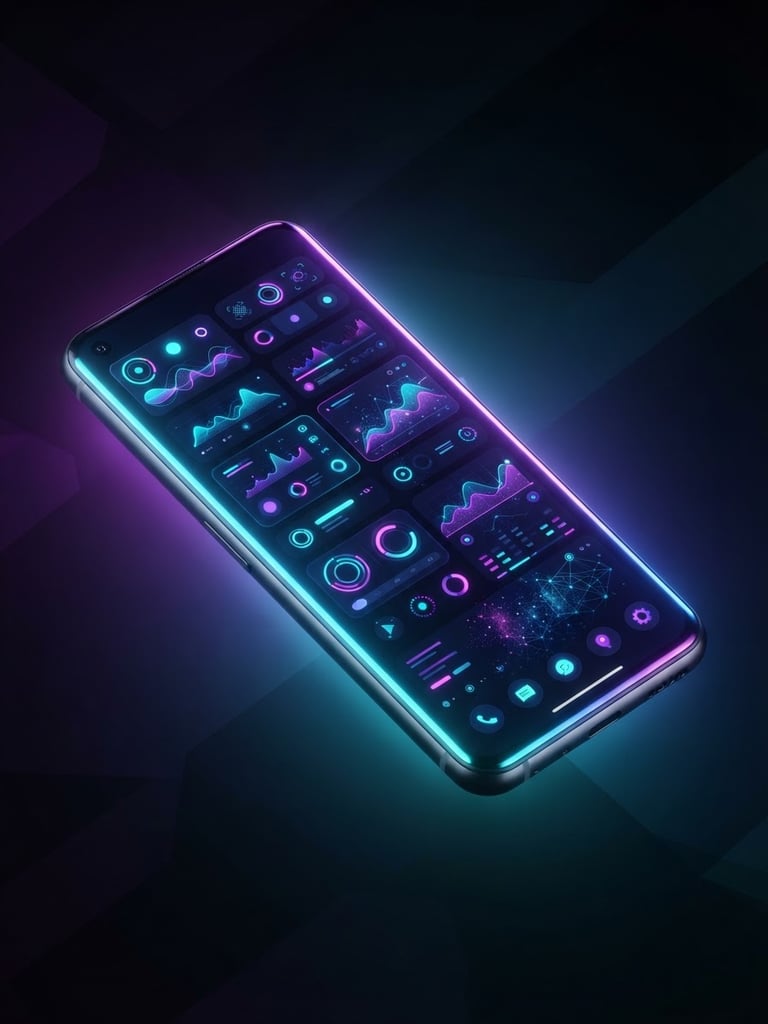 Sleek isometric 3D render of a modern Android smartphone displaying a vibrant interface with glowing neon cyan and violet edge lighting.