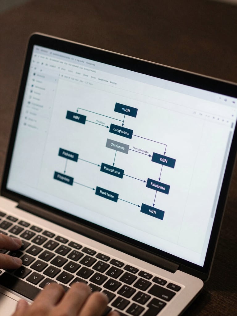 Tight overhead crop of a laptop screen showing an n8n workflow canvas with interconnected nodes and logic branches, hands partially visible at the keyboard bottom edge, cool monitor glow, no reflections, dark desk surface