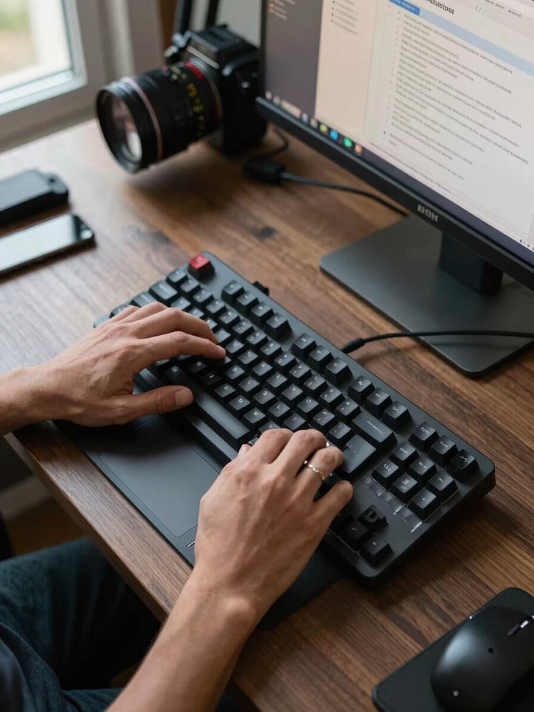 Overhead shot of hands on a mechanical keyboard with a trackpad beside it, n8n workflow visible on the monitor in the background, natural window light from the left side, real desk setup with cables and tools visible, unglamorous working environment
