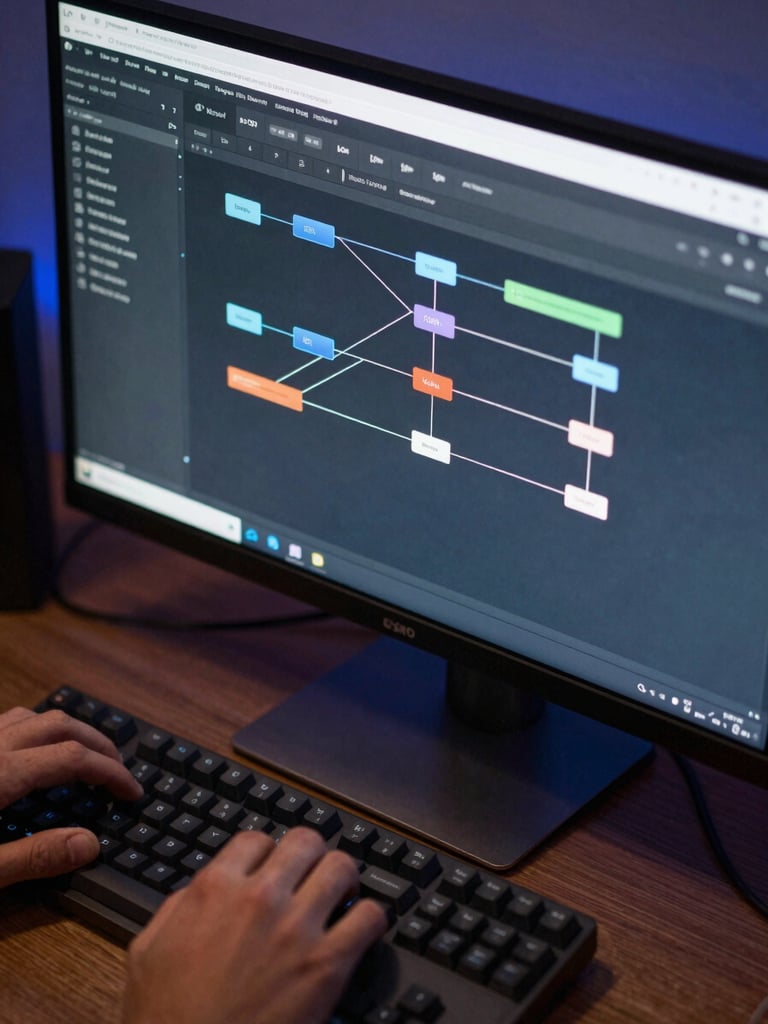 Close-up overhead of a monitor displaying an active n8n workflow canvas, node connections clearly visible, deep blue ambient light from the screen, hands resting on a mechanical keyboard in the foreground, desk surface with cable management visible, no glare on screen