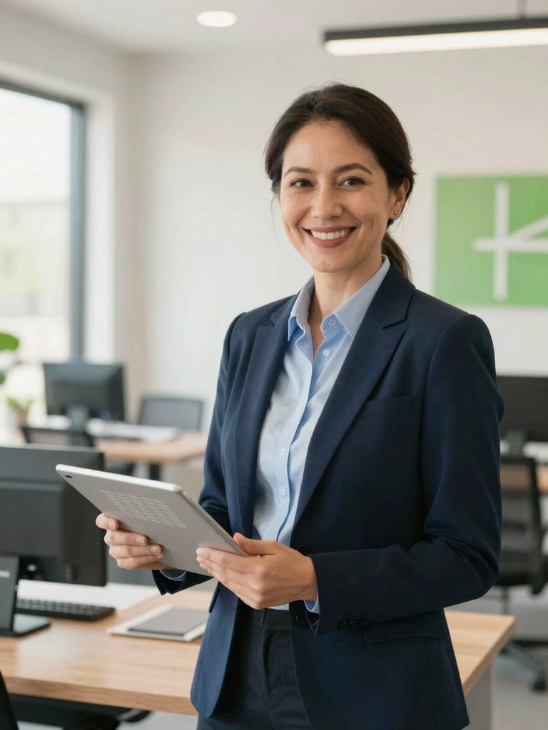 A warm, professional portrait of an accounting advisor in a bright, modern Arizona office, smiling, holding a tablet with clean financial data, natural lighting