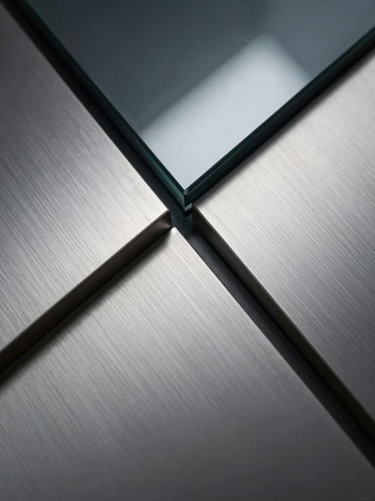 Macro shot of brushed titanium panels intersecting with dark glass, cool silver backlighting, clean geometric lines
