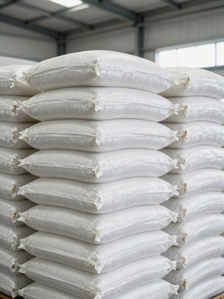 Macro industrial documentary photograph of stacked woven polypropylene bulk rice bags in a clean modern warehouse, bright natural warehouse lighting, 35mm lens