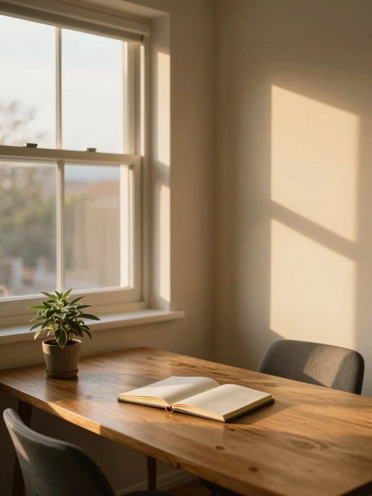 Wide window in a quiet domestic room, late-afternoon golden light falling across a wooden desk holding a single open notebook and a small potted sage plant, empty chair beside it, warm shadow detail on the wall, calm and unhurried atmosphere