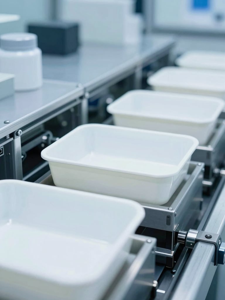 Close-up of clean, automated pharmaceutical packaging line with sterile white trays under bright high-key clinical lighting.