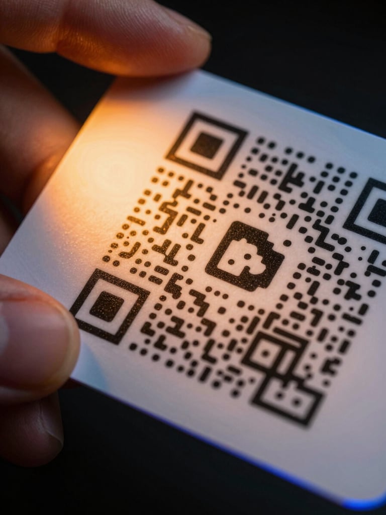 Extreme close-up macro shot of a QR business card held between two fingers, warm orange studio strobe raking sharply across the card surface revealing fine paper grain texture and print dot structure, QR code in razor-sharp focus, cool blue rim light catching the card edge, near-black background, no other elements