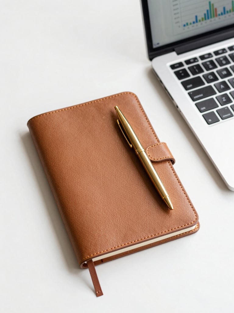 A clean overhead flat-lay of a leather notebook, a gold pen, and a laptop showing financial charts, bright natural daylight.