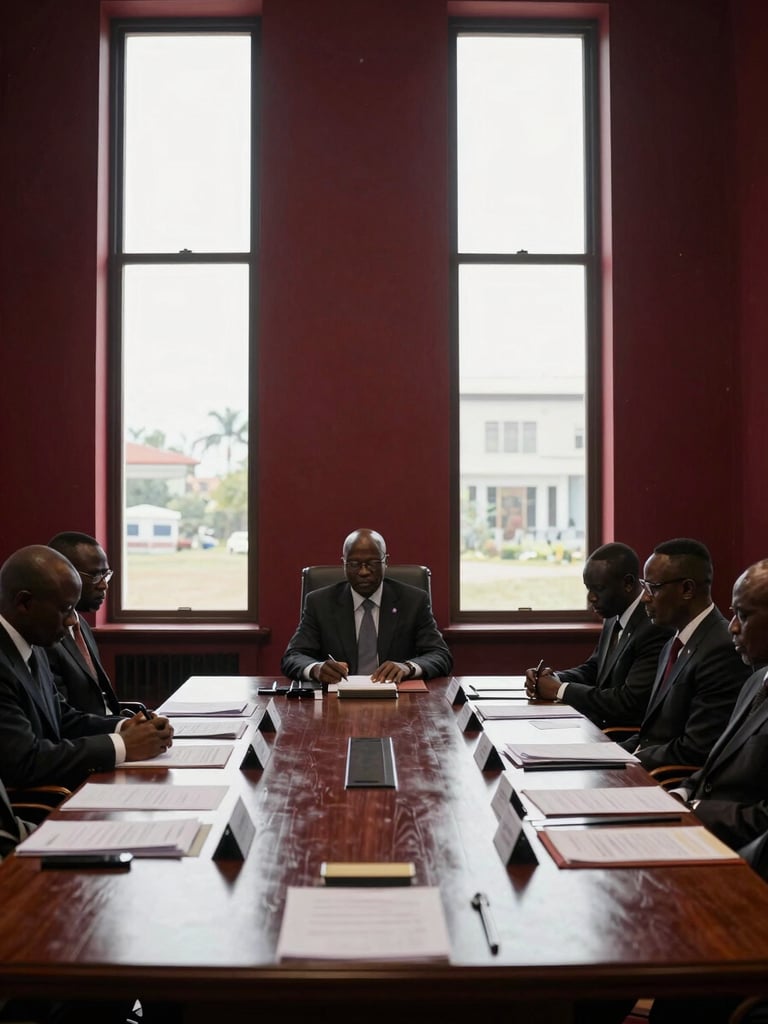Sober editorial photography of a high-level West African diplomatic conference room, dramatic natural light from tall windows, large wooden table with documents, deep crimson and charcoal tones, 35mm