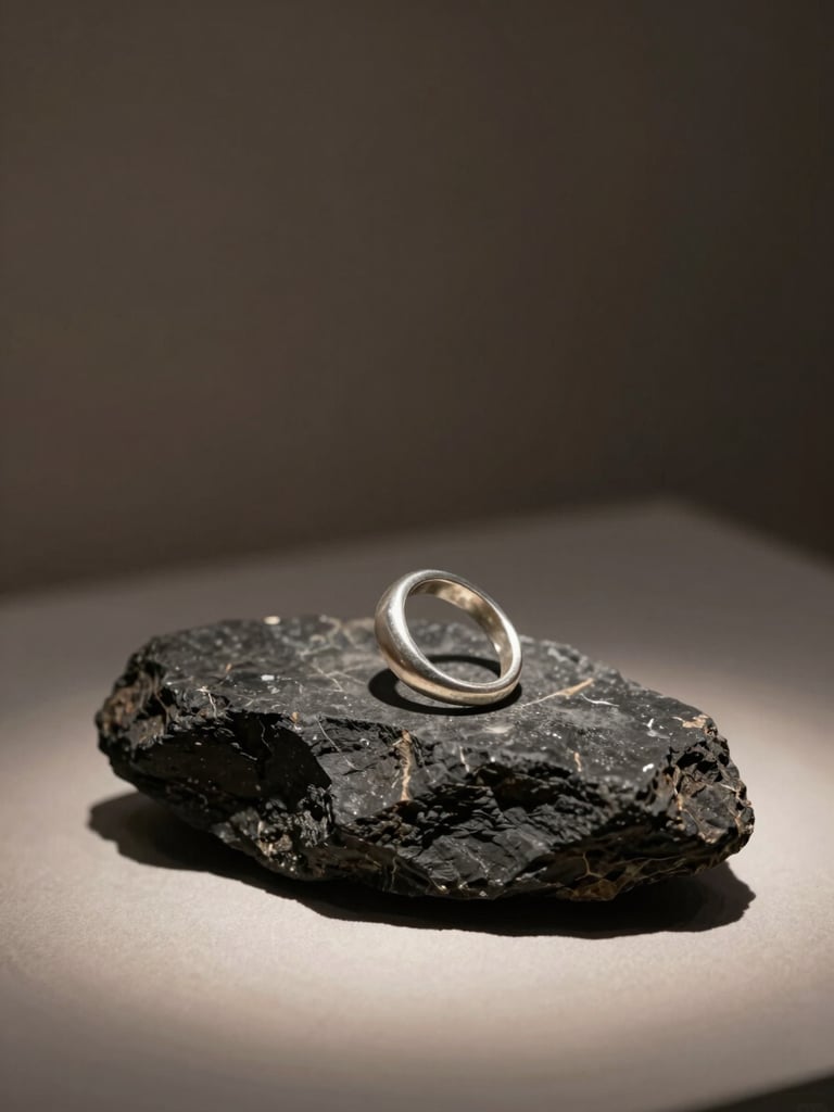 A single sculptural silver ring resting on a dark raw basalt stone, dramatic side lighting, deep shadows, museum exhibition feel