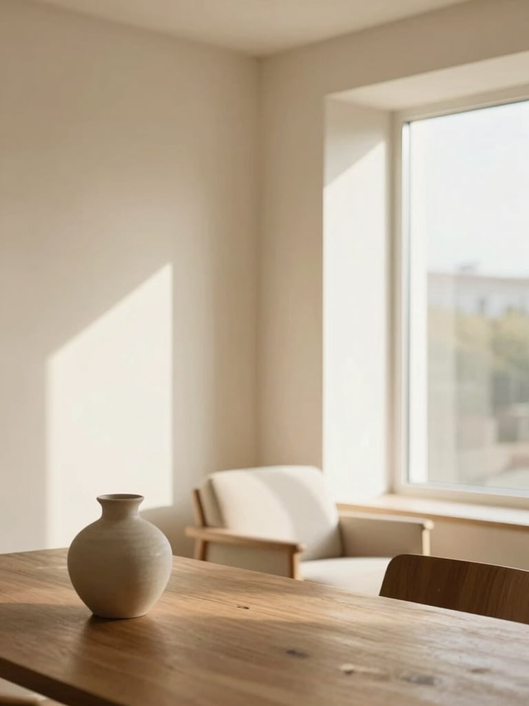 Sunlit modern apartment interior with warm cream walls, a large window casting soft natural light onto a wooden table with a ceramic vase, cozy armchair in the background.