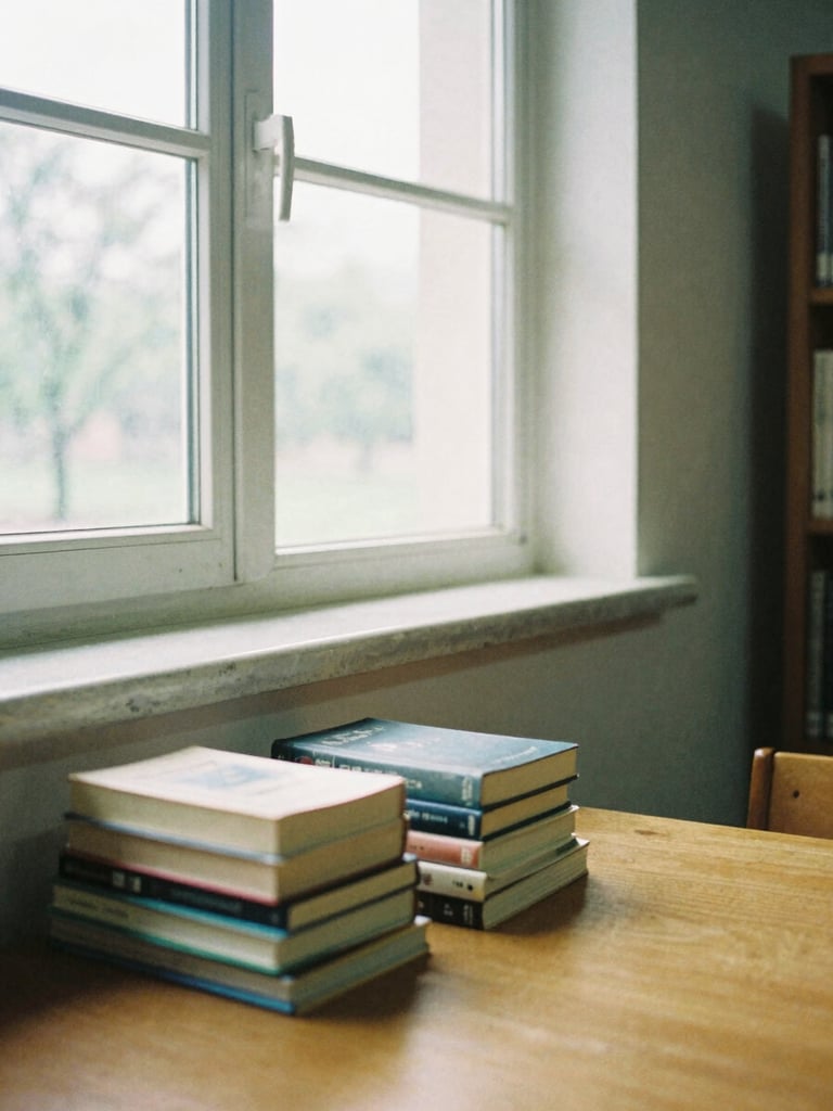 Quiet corner of the campus library with soft natural window light, books stacked on a wooden table, 35mm film aesthetic.