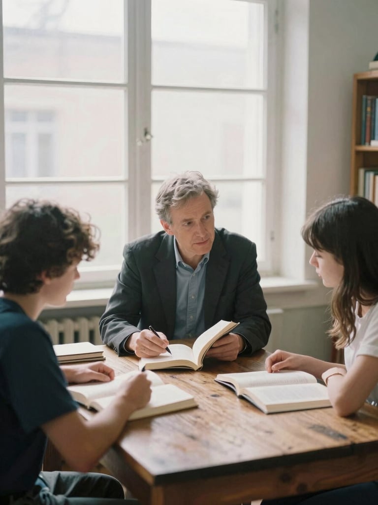A professor and two students sitting around a rustic wooden table in a sunlit office, discussing open books, soft window light, natural expressions, 35mm film aesthetic