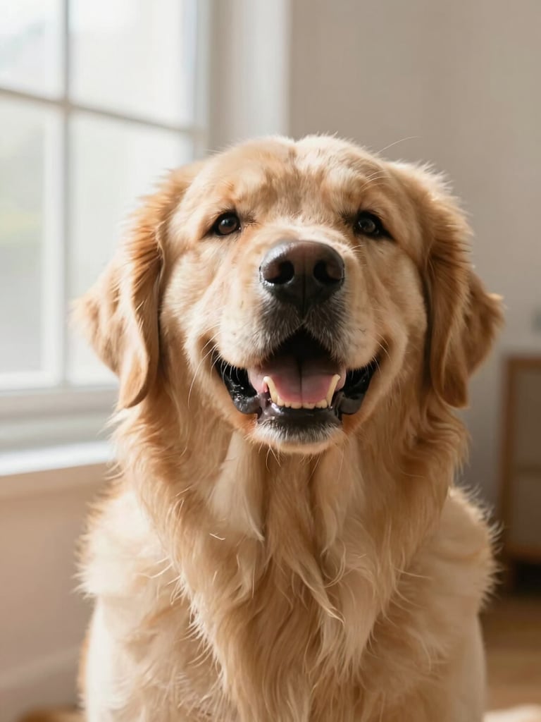 Close-up portrait of a healthy happy golden retriever dog looking up, soft natural window light, clean background, warm editorial style