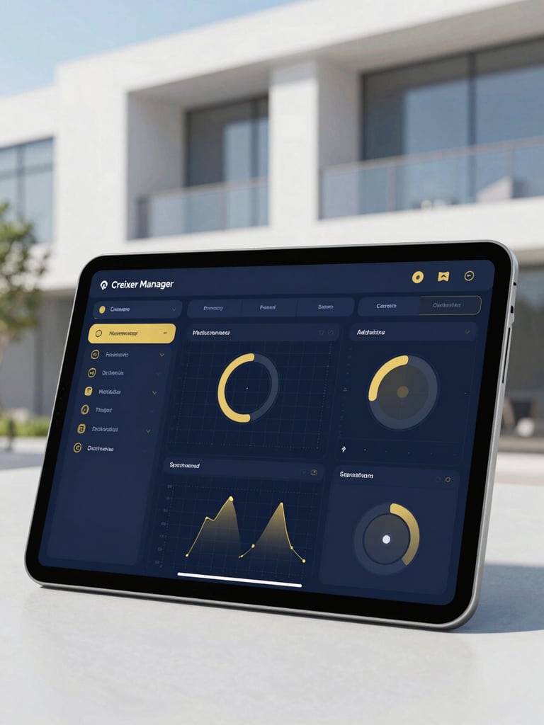Clean modern software interface of Creixer Manager on a tablet screen, showing technical maintenance dashboard, dark blue and gold UI elements, sharp technical grid lines, professional architectural office background