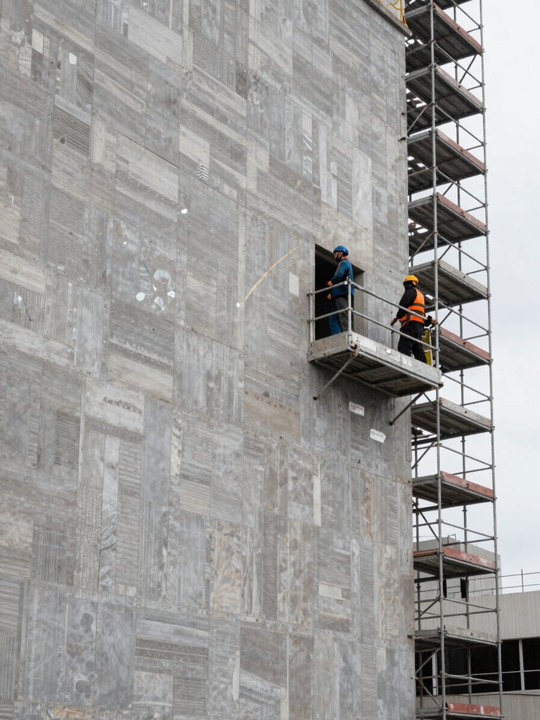 Wide environmental shot of a building facade under active renovation, scaffolding on the right third, workers on platform mid-task, morning overcast light, cool neutral tones, no posed figures