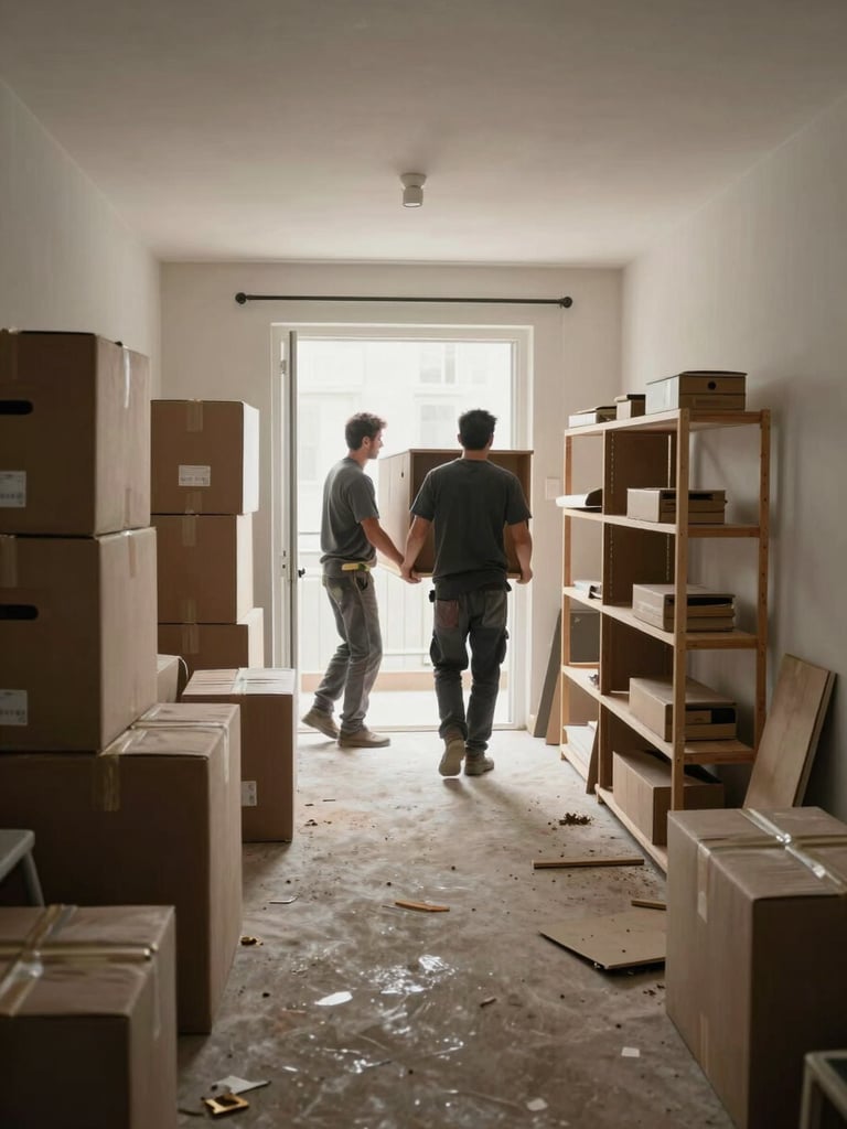 Wide environmental shot, morning overcast light, a cramped apartment living room mid-clearance — stacked boxes, a dismantled shelf, two workers in work clothes lifting furniture toward the door, dust visible in the air, raw documentary framing