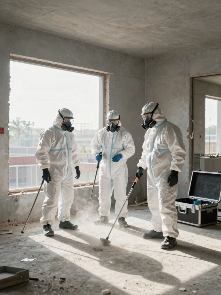 Wide environmental shot of a specialized cleaning crew in full PPE — white hazmat suits, respirator masks, industrial sprayers — working inside a recently completed construction shell, morning light filtering through unfinished window openings, concrete dust still settling on the floor, equipment cases open to the right
