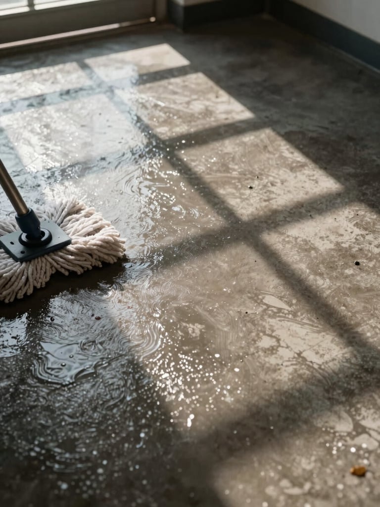 Close-up overhead view of a freshly cleaned industrial floor, mop head mid-stroke visible at left edge, natural morning light from a high window casting long shadows across the wet surface, no people visible, documentary framing
