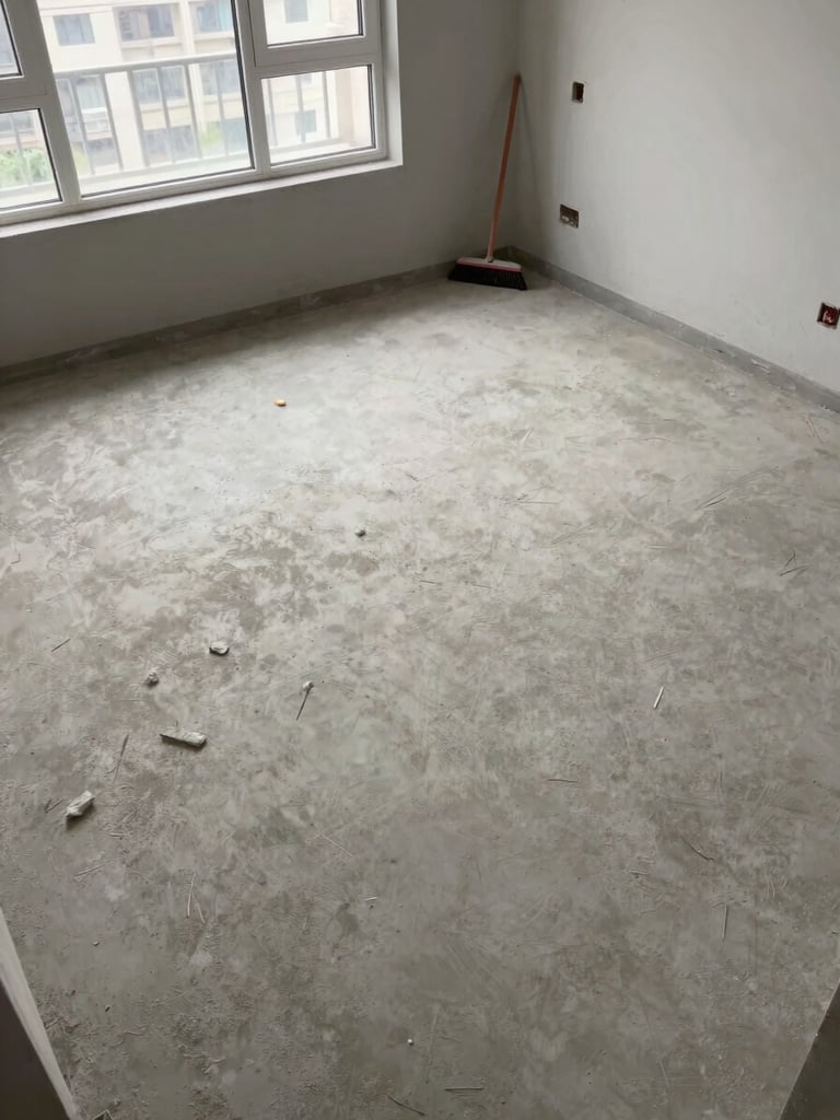Close overhead view of a completely empty swept concrete floor in a cleared apartment, natural north-facing daylight through bare windows, a single broom resting against the wall, no clutter — documentary stillness after clearance work