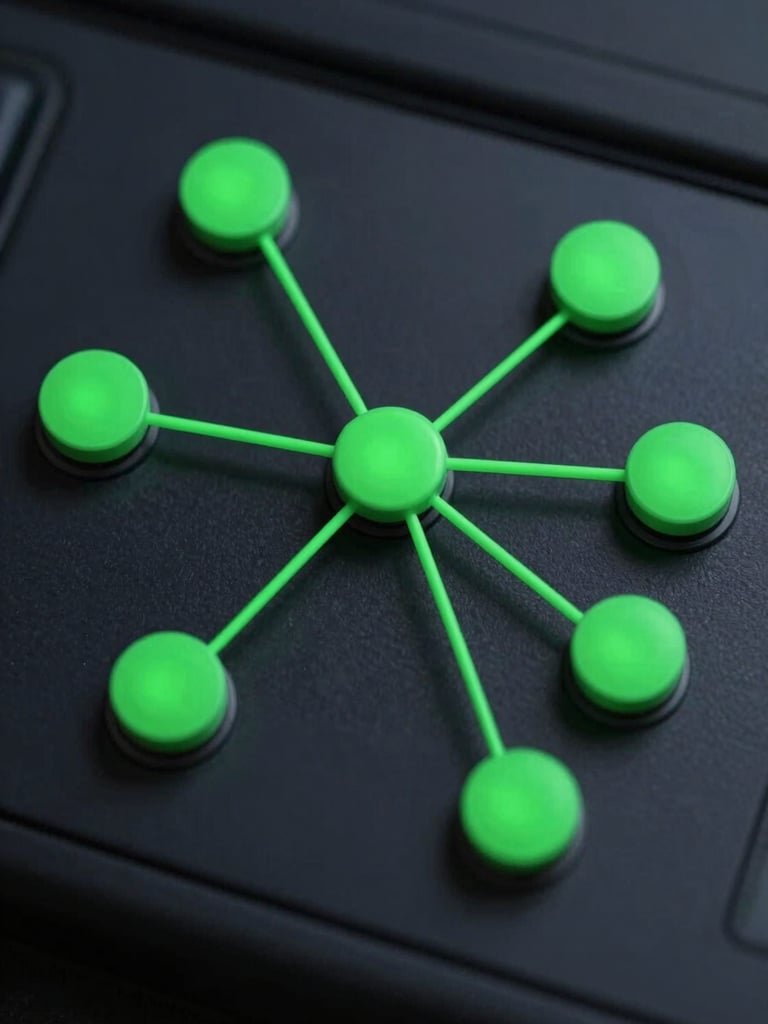 Tight, professional macro photograph of a real-time call routing interface showing active connection nodes in electric green on a dark slate background, sharp focus, cool studio lighting.