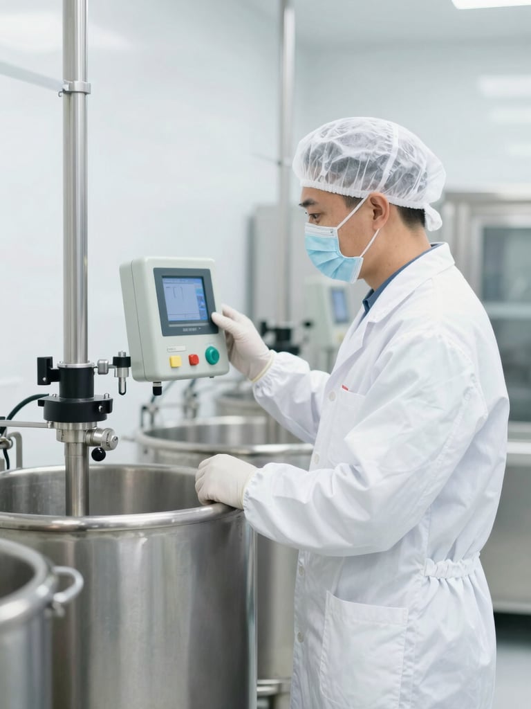 A professional food safety technician in white sterile gear monitoring digital controls next to clean stainless steel processing vats, bright high-key daylight, sharp focus.