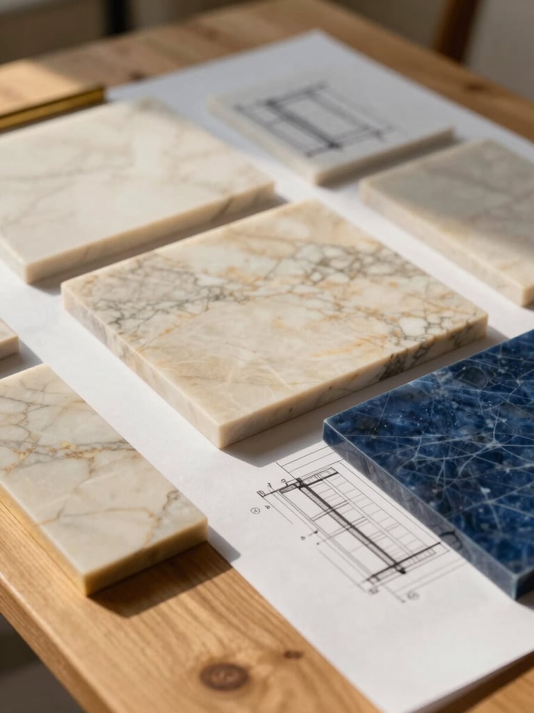 Close-up of high-end materials, marble slabs, brass details, and architectural blueprints laid out on a clean wooden table, soft natural daylight.