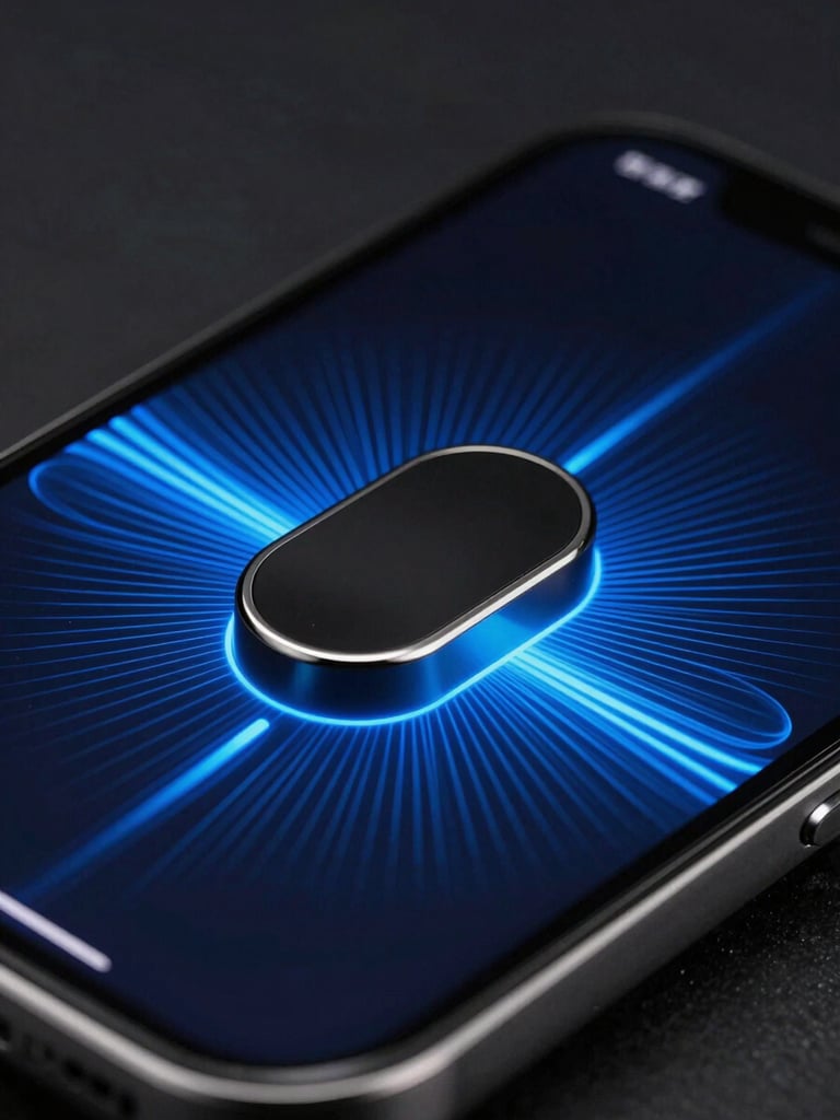Macro close-up of a mobile screen showing a beautifully calibrated, high-contrast toggle switch with electric blue haptic waves radiating outward, dark background, sharp studio rim lighting