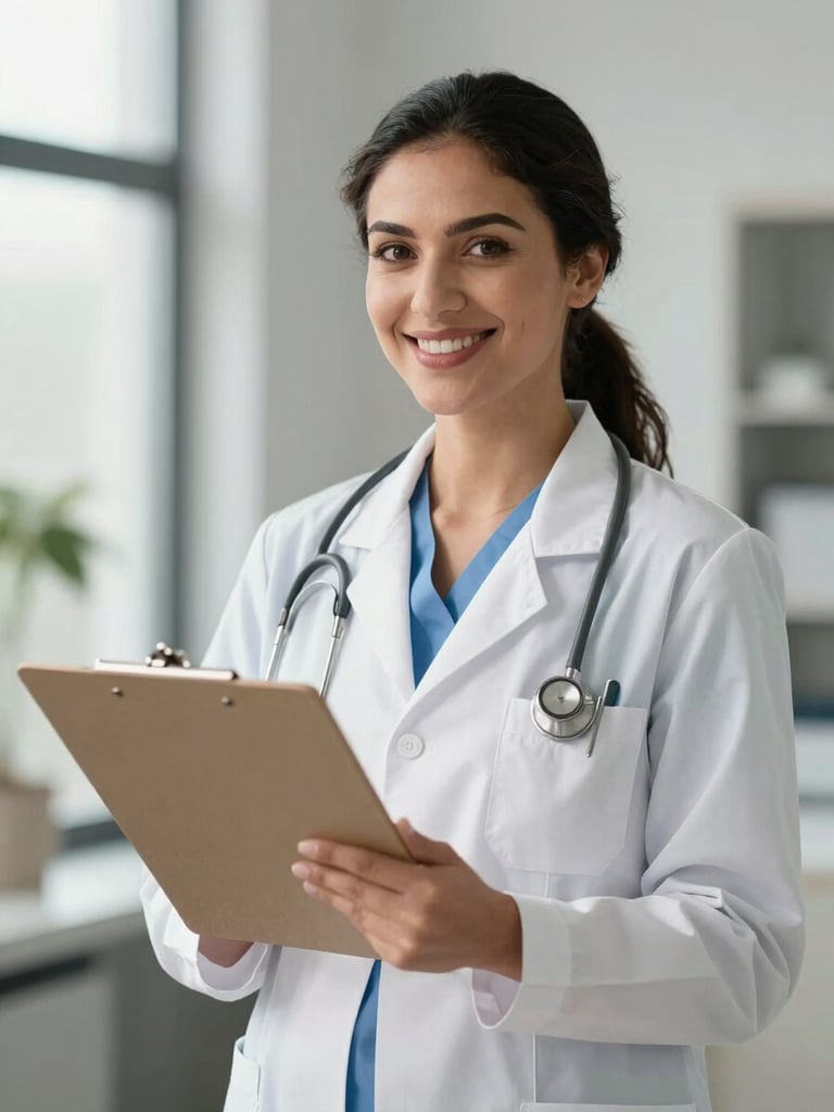 Medium shot of a professional Hispanic female doctor smiling warmly, bright natural sunlit clinic background, holding a clipboard, welcoming expression.