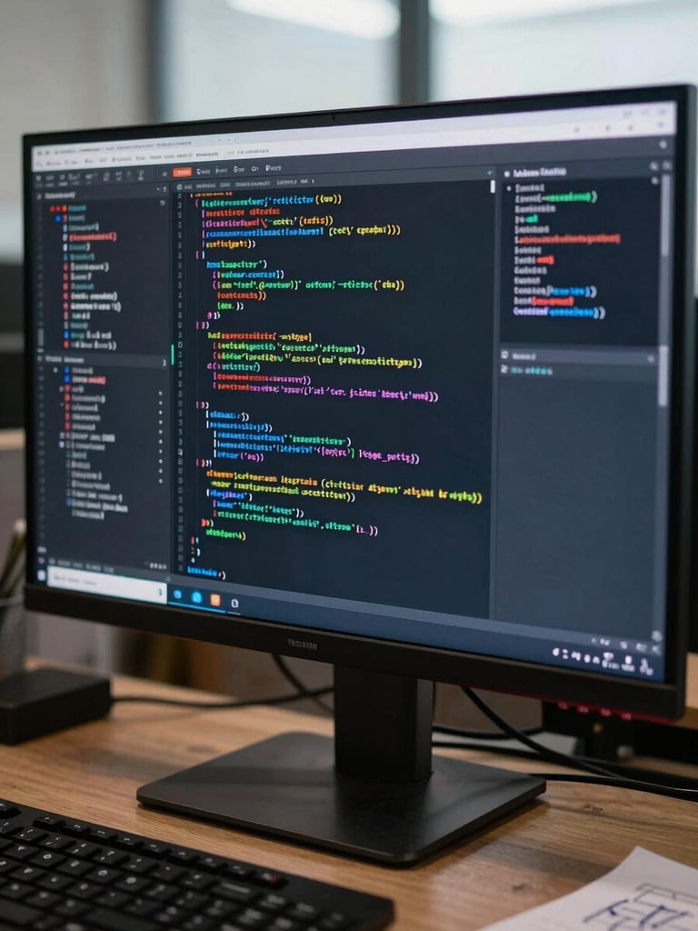 Close-up of a wide monitor displaying dense lines of code and system architecture annotations, overhead office daylight, flat and clear lighting, keyboard and schematic notes partially visible at the frame edge