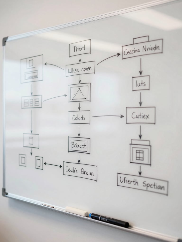 Close overhead shot of a whiteboard covered in hand-drawn system architecture diagrams and integration flow sketches, dry-erase markers resting at the bottom edge, flat diffused office light, no people visible