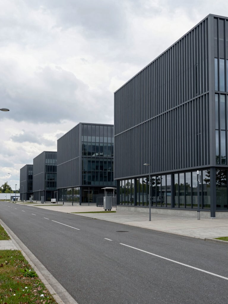Wide environmental shot of a modern clean industrial park in Germany under overcast daylight, sharp architectural lines, negative space on the left.