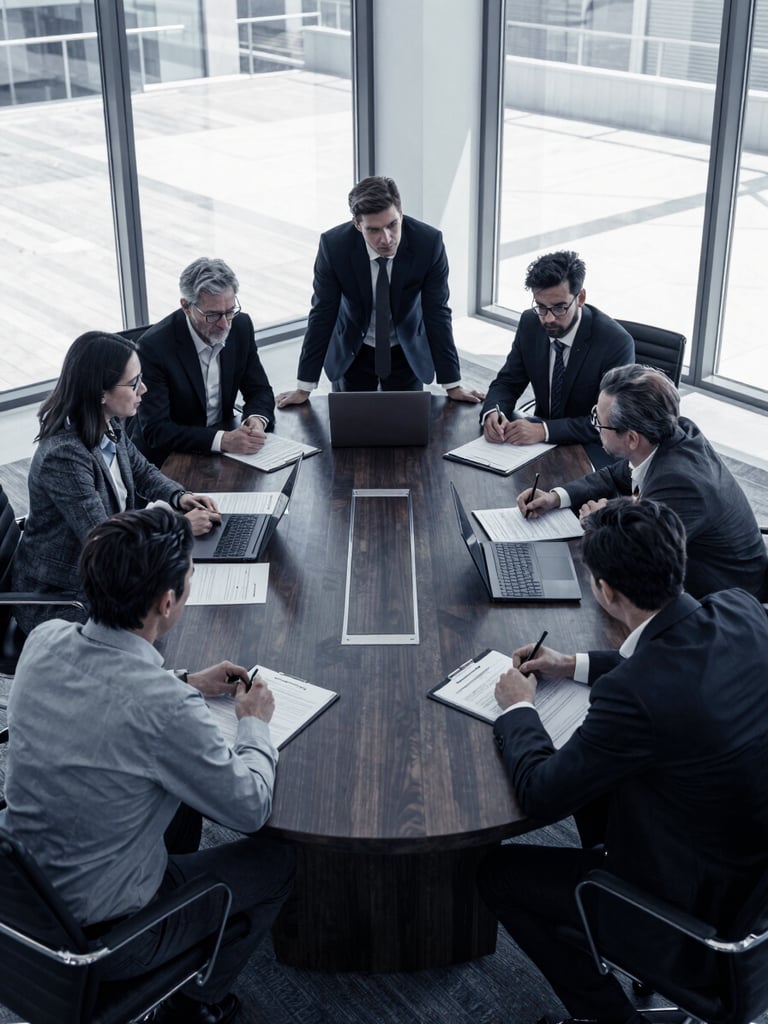 Wide panoramic view from above a dark mahogany boardroom table, five executives leaning forward in serious discussion, architectural conference room with floor-to-ceiling windows casting hard lateral daylight, documents and laptops visible on the table surface, duotone treatment in deep navy and indigo