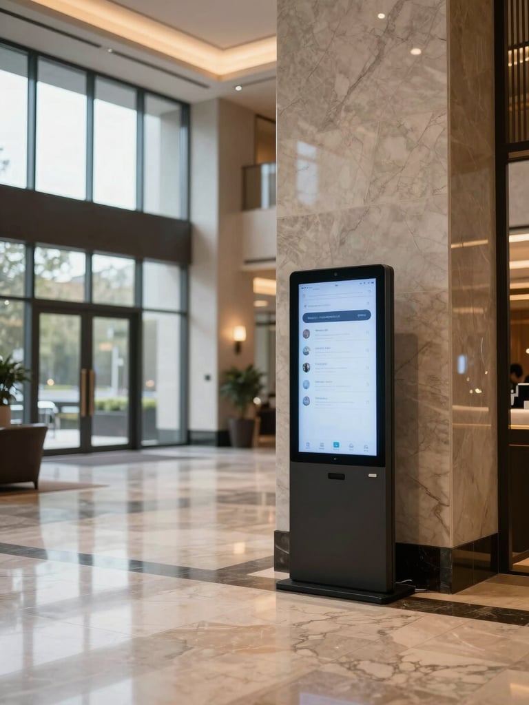 Wide environmental shot inside a modern hotel lobby, a slim freestanding digital kiosk positioned in the right third of the frame against a marble column, daylight streaming through floor-to-ceiling windows on the left, warm ambient interior lighting, kiosk screen glowing softly showing a clean wayfinding interface, no people visible, generous negative space in the foreground