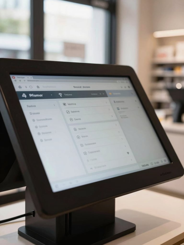 Close-up of a kiosk touchscreen interface in a retail environment, showing a clean menu UI with navigation categories, daylight from storefront windows reflected on the glass surface, sharp depth of field, no people visible