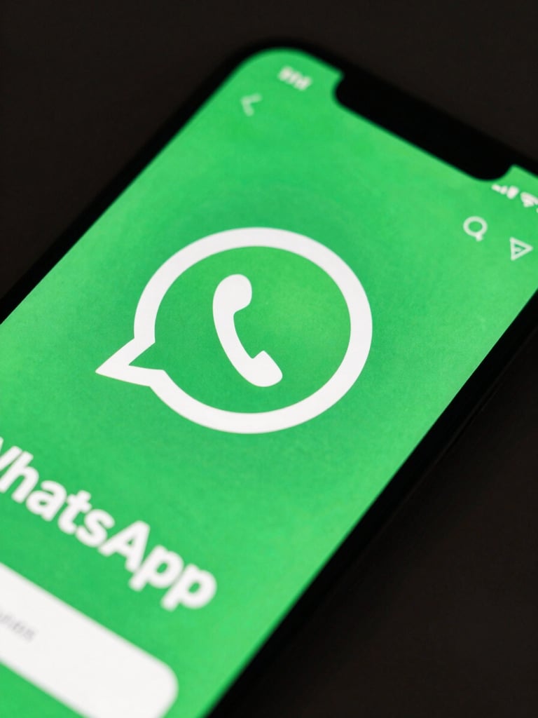 Close-up of a smartphone screen displaying a vibrant local business ad with a prominent green WhatsApp button, high-contrast dark background, neon green accents.