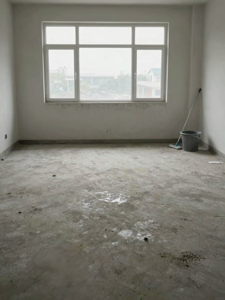 Wide shot of a freshly cleared room interior, bare concrete floor recently swept, a mop and bucket in the far right corner, overcast daylight through a large window, no furniture, documentary framing