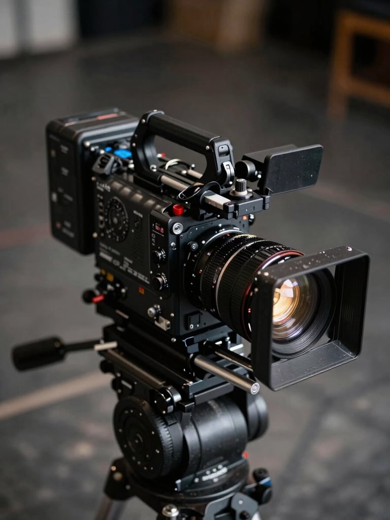 Close-up overhead view of a professional cinema camera on a film set, lens catching ambient tungsten set light, shallow depth of field, heavy film grain texture, dark industrial floor visible, geometric shadow patterns across the body of the camera
