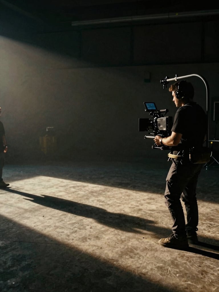 Wide environmental shot of a film production set from the right side, camera operator mid-take with a cinema camera on a shoulder rig, ambient tungsten lighting casting long shadows across the floor, film grain visible, dark tones, geometric composition, no faces visible