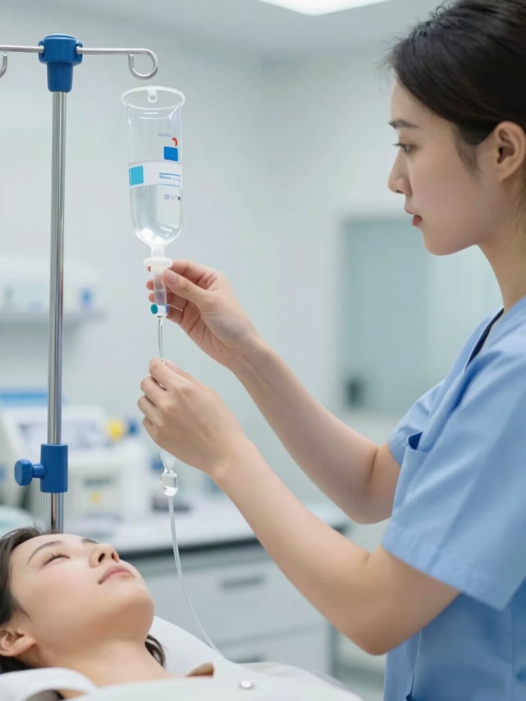 Close-up of a nursing student in clean scrubs adjusting an IV drip on a patient simulator in a bright, modern hospital-integrated lab.