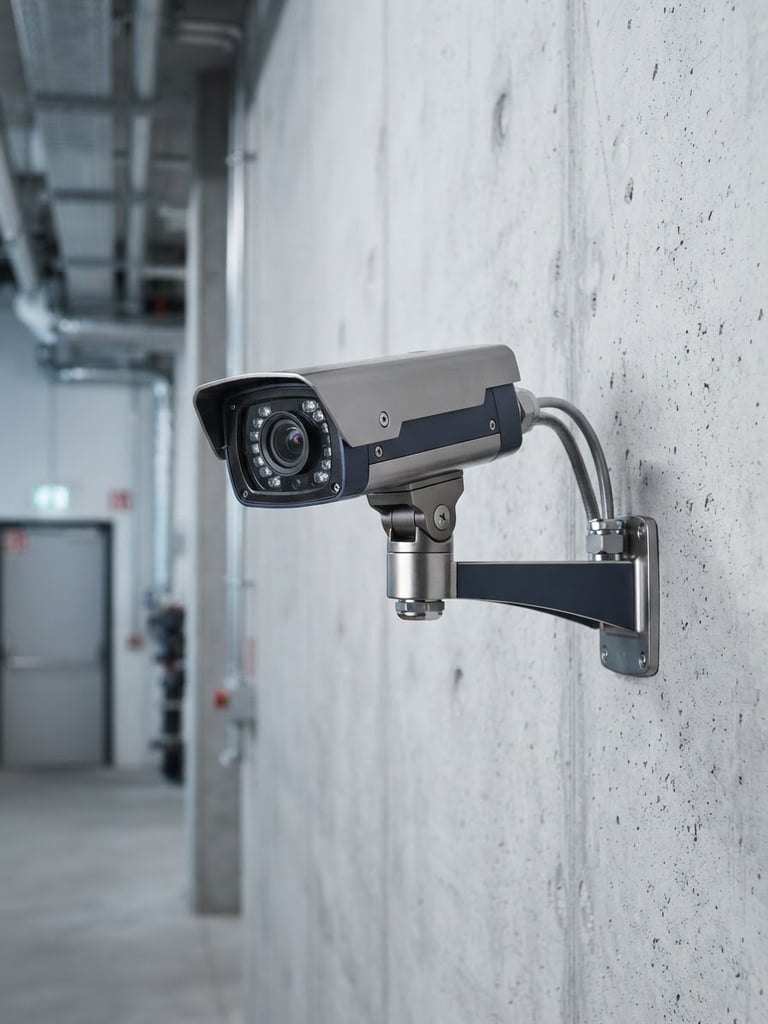 Crisp commercial photography of a modern security camera mounted on a clean concrete industrial wall, cool daylight, metallic tones, sharp focus, 35mm