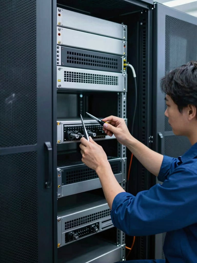 Professional technician working with precise tools on a clean server rack, cool daylight, deep navy and metallic tones, sharp focus