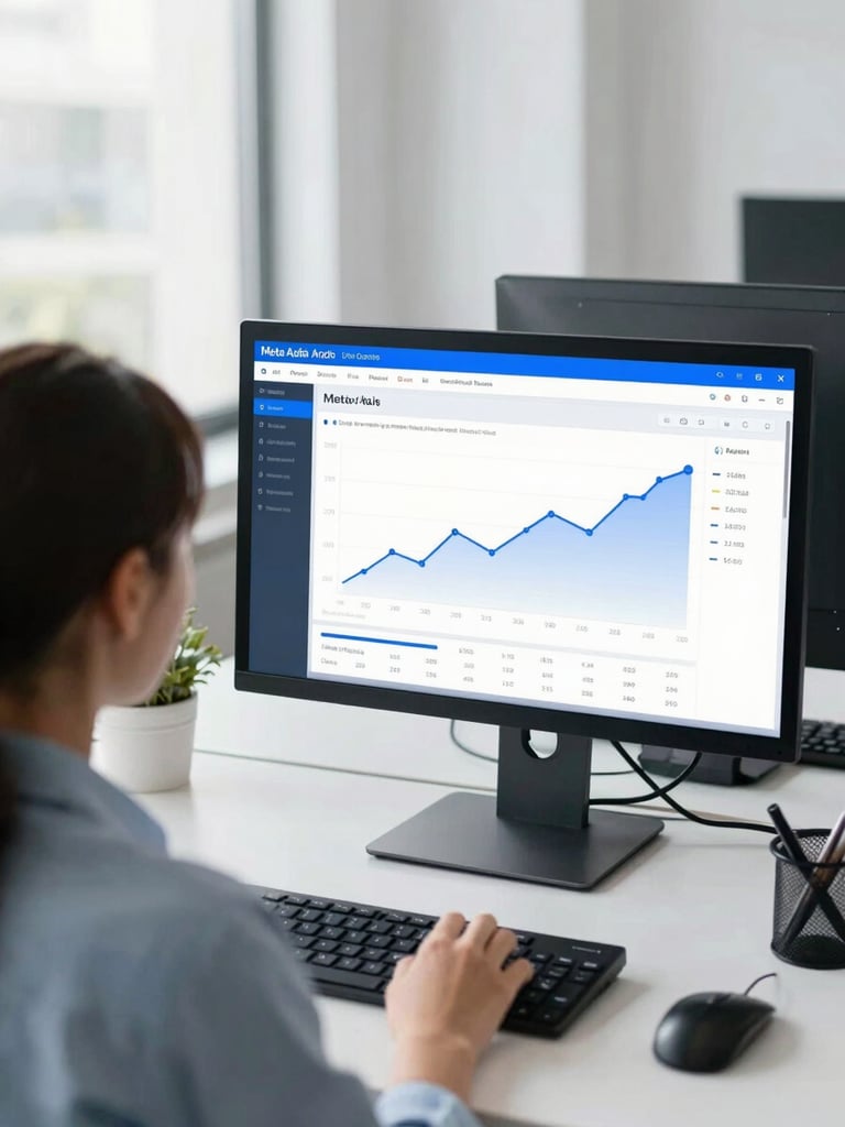 Over-the-shoulder shot of a digital marketing strategist analyzing a real-time Meta Ads dashboard with positive growth curves on a dual-monitor setup, bright modern office daylight, cool blue accents.