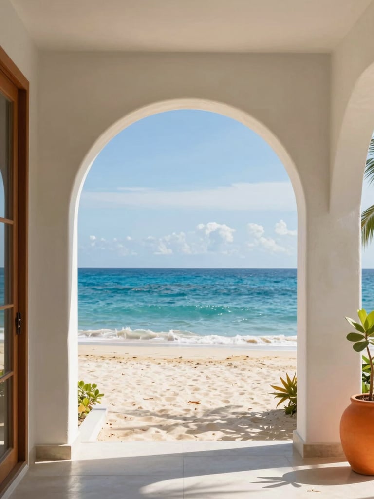 Bright tropical editorial photography of a modern beachfront villa in Siargao, warm natural sunlight casting soft shadows on white concrete arches, vibrant blue ocean in the background, 35mm