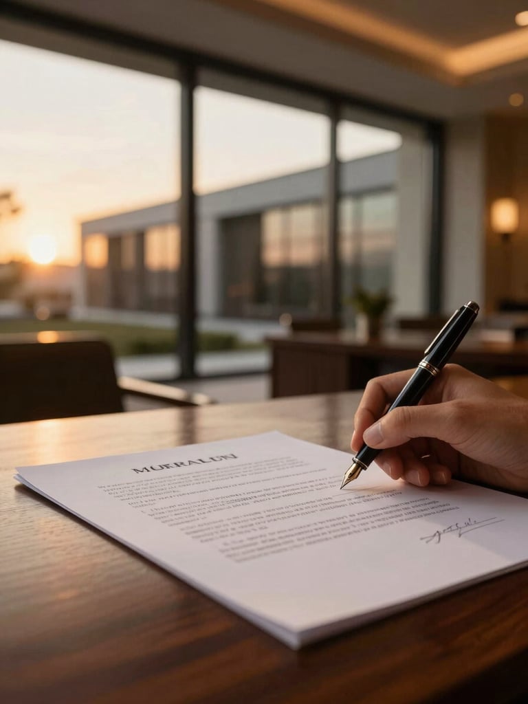 Close-up of a fountain pen signing a legal document on a dark mahogany desk, warm low-key interior lighting, shallow depth of field, no hands visible.