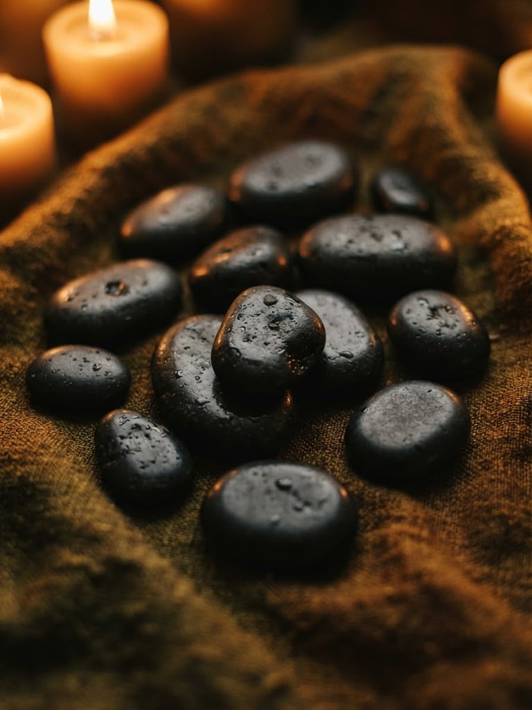 A close-up of dark basalt massage stones resting on textured organic linen, illuminated by soft golden candlelight, moody editorial photography, warm bronze tones