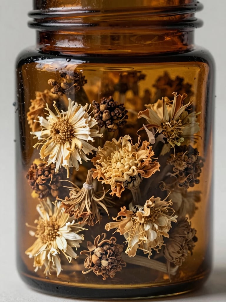 Macro shot of dried whole botanical flowers inside an amber glass jar, soft natural north-facing daylight, sharp focus on organic textures