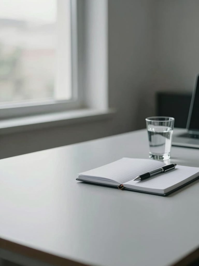 Wide environmental shot of a clean, organized office desk from the right side of the frame — a closed notebook, a pen resting at an angle, and a half-filled glass of water on a pale grey surface under soft natural daylight from a window to the left. Cool-neutral light, no shadows. Generous negative space on the left third of the frame.